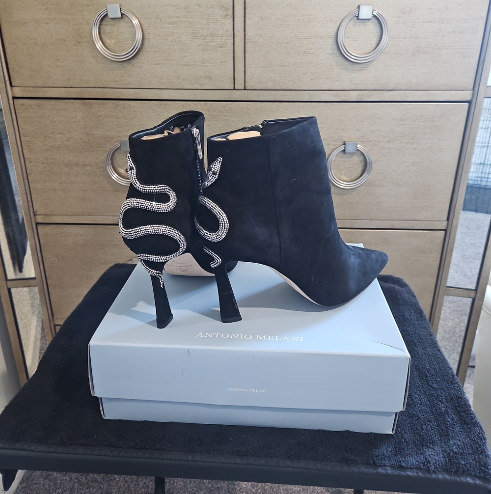 ANTONIO MELANI Black Suede Ankle Boots with Crystal Snake Accent